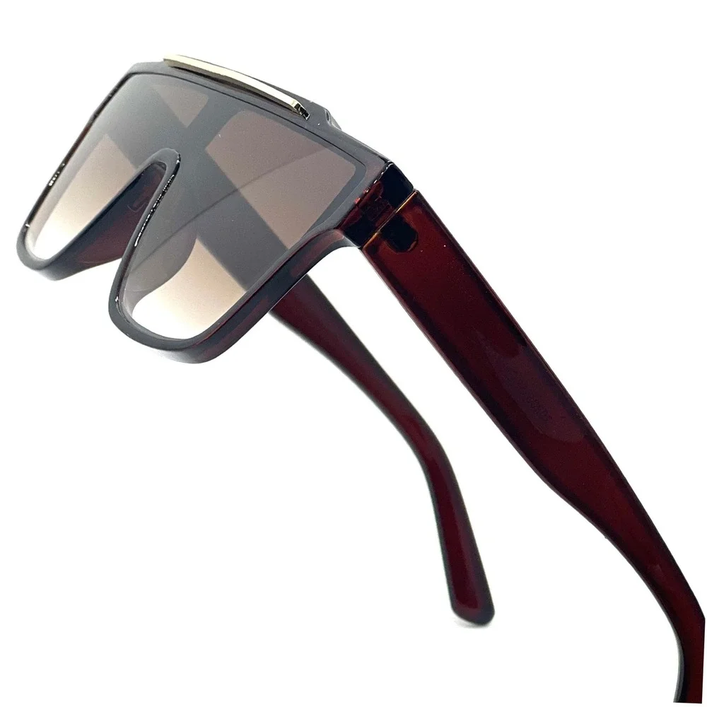 Oversized Flat Top Sunglasses Fashion Shield Brown‎ Lens Gold Bar Trendy Shades